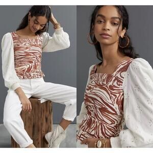 Anthropologie Love The Label Smocked Eyelet Puff Sleeve Blouse Top Sz Small